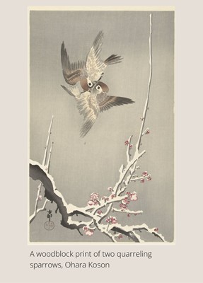 A LARGE WOOD OKIMONO OF TWO QUARRELING SPARROWS