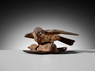 A LARGE WOOD OKIMONO OF TWO QUARRELING SPARROWS