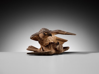 A LARGE WOOD OKIMONO OF TWO QUARRELING SPARROWS