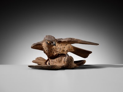 A LARGE WOOD OKIMONO OF TWO QUARRELING SPARROWS