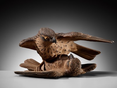 A LARGE WOOD OKIMONO OF TWO QUARRELING SPARROWS