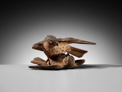 A LARGE WOOD OKIMONO OF TWO QUARRELING SPARROWS