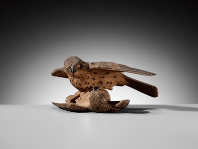 A LARGE WOOD OKIMONO OF TWO QUARRELING SPARROWS
