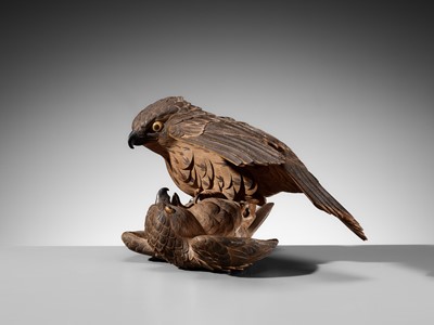 A LARGE WOOD OKIMONO OF TWO QUARRELING SPARROWS