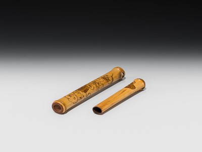 ASANO BOKKOKU: A FINE BAMBOO KISERUZUTSU (PIPE CASE) WITH MASKS