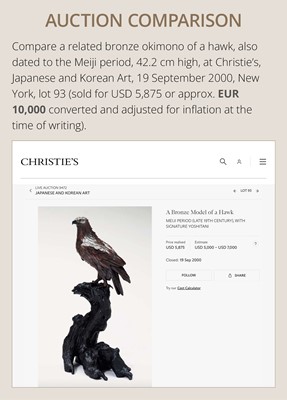 Lot 19 - A LARGE AND FINE BRONZE OKIMONO OF A HAWK ON A TREE TRUNK