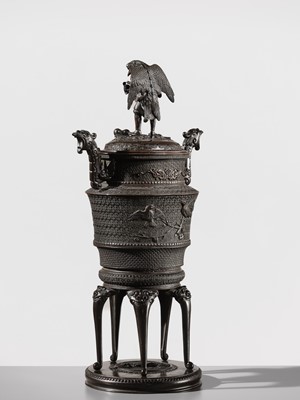 Lot 3 - SHOKAKEN: A LARGE BRONZE KORO (INCENSE BURNER) AND COVER WITH KARASU TENGU