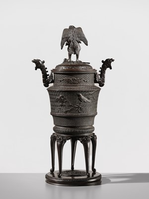 Lot 3 - SHOKAKEN: A LARGE BRONZE KORO (INCENSE BURNER) AND COVER WITH KARASU TENGU
