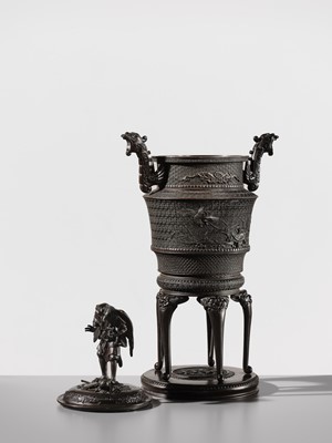 Lot 3 - SHOKAKEN: A LARGE BRONZE KORO (INCENSE BURNER) AND COVER WITH KARASU TENGU