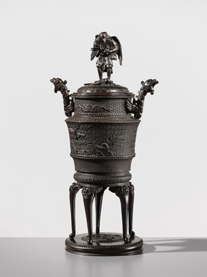 Lot 3 - SHOKAKEN: A LARGE BRONZE KORO (INCENSE BURNER) AND COVER WITH KARASU TENGU