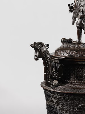Lot 3 - SHOKAKEN: A LARGE BRONZE KORO (INCENSE BURNER) AND COVER WITH KARASU TENGU