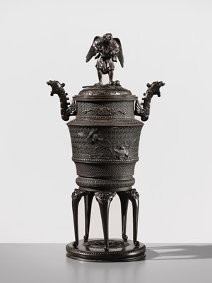 Lot 3 - SHOKAKEN: A LARGE BRONZE KORO (INCENSE BURNER) AND COVER WITH KARASU TENGU