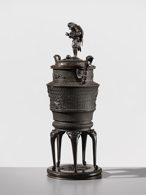 Lot 3 - SHOKAKEN: A LARGE BRONZE KORO (INCENSE BURNER) AND COVER WITH KARASU TENGU