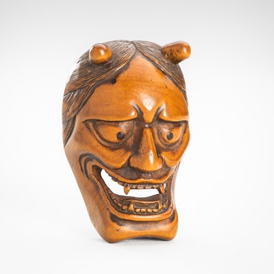 Lot 1809 - A BOXWOOD MASK NETSUKE OF HANNYA