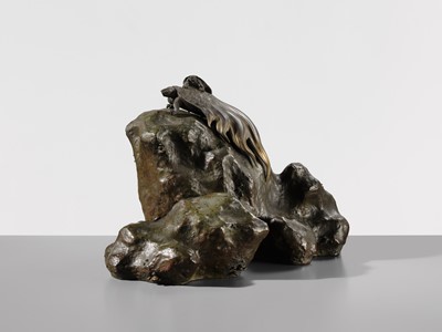 Lot 38 - NOGAMI RYUKI: A SUPERB BRONZE OKIMONO OF A MINOGAME AND YOUNG