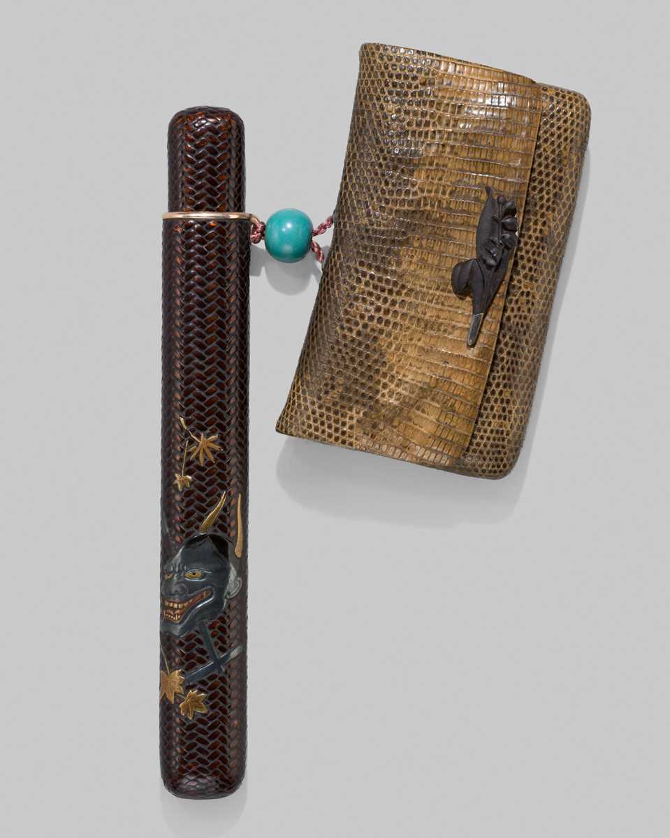 ISSHAKUSAI: A LACQUERED WOVEN RATTAN KISERUZUTSU (PIPE CASE) AND TABAKO-IRE (POUCH)