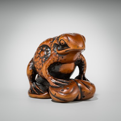 Lot 337 - A FINE WOOD NETSUKE OF A FAT TOAD ON A FURLED LEAF