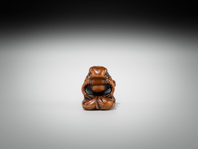 Lot 337 - A FINE WOOD NETSUKE OF A FAT TOAD ON A FURLED LEAF