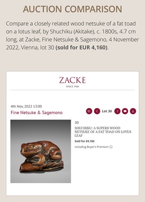 Lot 337 - A FINE WOOD NETSUKE OF A FAT TOAD ON A FURLED LEAF