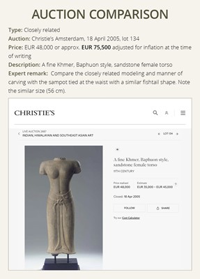 Lot 366 - A SANDSTONE TORSO OF A FEMALE DEITY, BAPHUON STYLE, SECOND HALF OF THE 11TH CENTURY