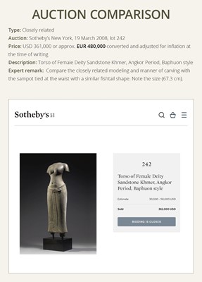 Lot 366 - A SANDSTONE TORSO OF A FEMALE DEITY, BAPHUON STYLE, SECOND HALF OF THE 11TH CENTURY
