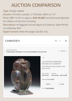 Lot 5 - A RARE BRONZE FIGURE OF A BABOON, LATE DYNASTIC PERIOD, DYNASTY XXVI