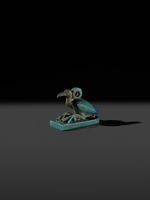 Lot 51 - AN ‘IBIS’ AMULET, BLUE AND GREEN BICHROME FAIENCE, LATE PERIOD, DYNASTY XXV-XXXI