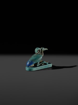 Lot 51 - AN ‘IBIS’ AMULET, BLUE AND GREEN BICHROME FAIENCE, LATE PERIOD, DYNASTY XXV-XXXI