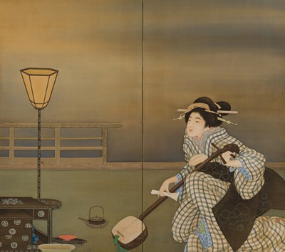 TAKAAKI: A FINE TWO-PANEL BYOBU (FOLDING SCREEN) DEPICTING A BIJIN PLAYING A SHAMISEN