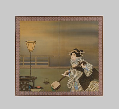 TAKAAKI: A FINE TWO-PANEL BYOBU (FOLDING SCREEN) DEPICTING A BIJIN PLAYING A SHAMISEN