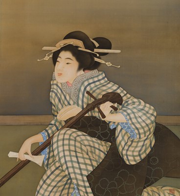 TAKAAKI: A FINE TWO-PANEL BYOBU (FOLDING SCREEN) DEPICTING A BIJIN PLAYING A SHAMISEN