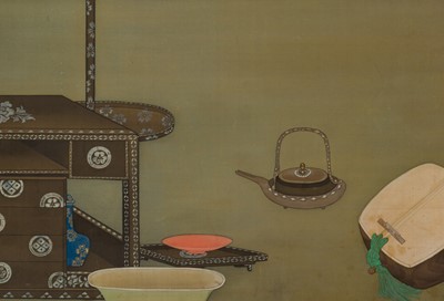 TAKAAKI: A FINE TWO-PANEL BYOBU (FOLDING SCREEN) DEPICTING A BIJIN PLAYING A SHAMISEN