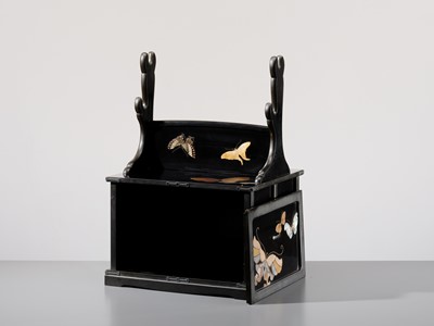 Lot 136 - UMEZAWA RYUSHIN: A SUPERB INLAID AND LACQUERED ‘BUTTERFLIES’ KATANA KAKE (SWORD STAND)