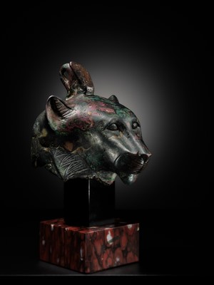 Lot 6 - THE ‘CHARLES GILLOT’ BRONZE HEAD OF WADJET AS A LIONESS, LATE PERIOD