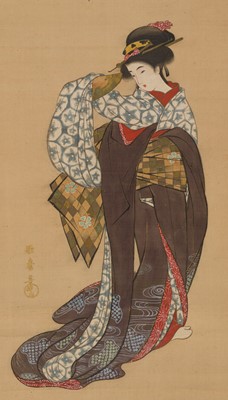 Lot 610 - A HANGING SCROLL PAINTNG DEPICTING A BIJIN, AFTER KITAGAWA UTAMARO