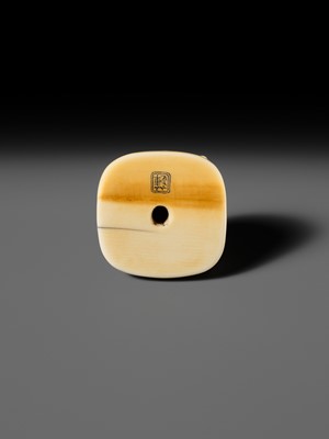 Lot 469 - RENSAI: A FINE IVORY NETSUKE OF CUCKOO ON A SUGEGASA