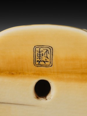 Lot 469 - RENSAI: A FINE IVORY NETSUKE OF CUCKOO ON A SUGEGASA