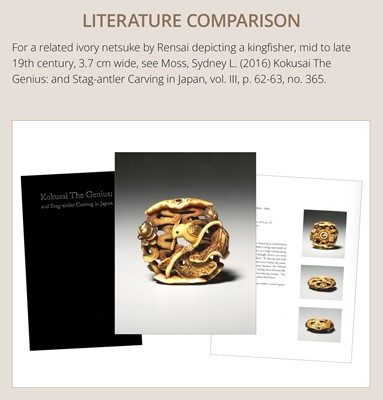 Lot 469 - RENSAI: A FINE IVORY NETSUKE OF CUCKOO ON A SUGEGASA