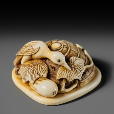 Lot 469 - RENSAI: A FINE IVORY NETSUKE OF CUCKOO ON A SUGEGASA
