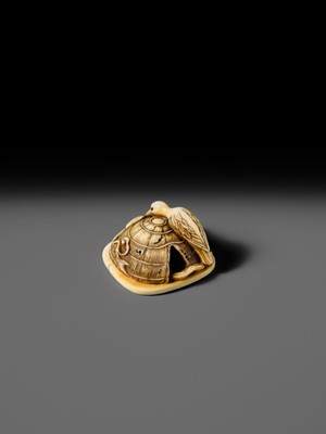 Lot 469 - RENSAI: A FINE IVORY NETSUKE OF CUCKOO ON A SUGEGASA