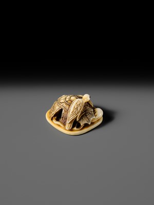 Lot 469 - RENSAI: A FINE IVORY NETSUKE OF CUCKOO ON A SUGEGASA