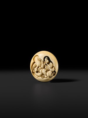 Lot 443 - KOGETSUSAI: AN IVORY SHUNGA MANJU NETSUKE OF OKAME WITH TENGU MASK