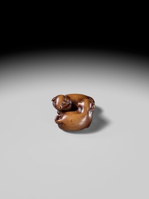A WOOD NETSUKE OF TWO PUPPIES AT PLAY, ATTRIBUTED TO MASANAO OF KYOTO