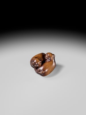A WOOD NETSUKE OF TWO PUPPIES AT PLAY, ATTRIBUTED TO MASANAO OF KYOTO