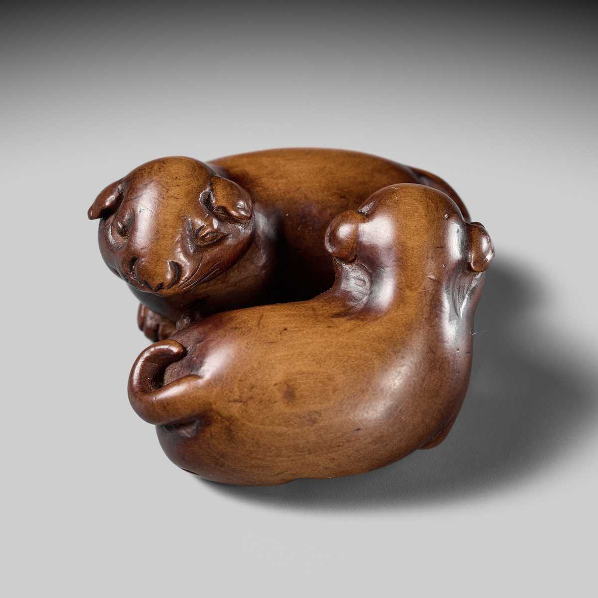 A WOOD NETSUKE OF TWO PUPPIES AT PLAY, ATTRIBUTED TO MASANAO OF KYOTO