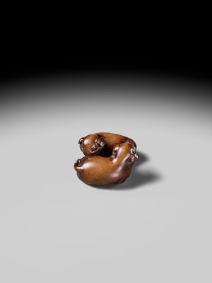 A WOOD NETSUKE OF TWO PUPPIES AT PLAY, ATTRIBUTED TO MASANAO OF KYOTO
