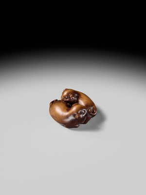 A WOOD NETSUKE OF TWO PUPPIES AT PLAY, ATTRIBUTED TO MASANAO OF KYOTO