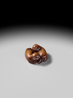 A WOOD NETSUKE OF TWO PUPPIES AT PLAY, ATTRIBUTED TO MASANAO OF KYOTO