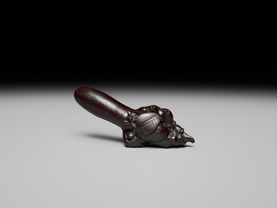 Lot 102 - A SUPERB AND RARE WOOD NETSUKE OF FUKUROKUJU TAKING A NAP
