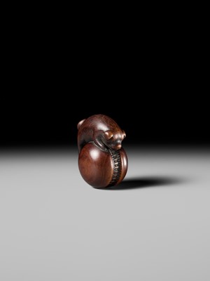 A FINE KYOTO SCHOOL WOOD NETSUKE OF A PUPPY BALANCING ON A KEMARI BALL, ATTRIBUTED TO OKATOMO